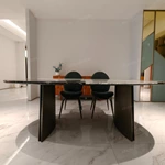 Patchwork Marble Dining Table with Flared Panel Legs and Textured Edge